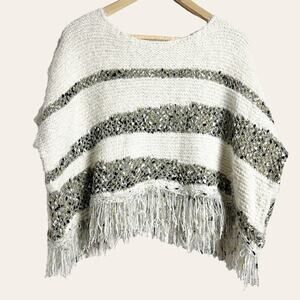 Anthropologie MOTH New Fringe Cream Metallic Oversized Poncho Sweater Size XS